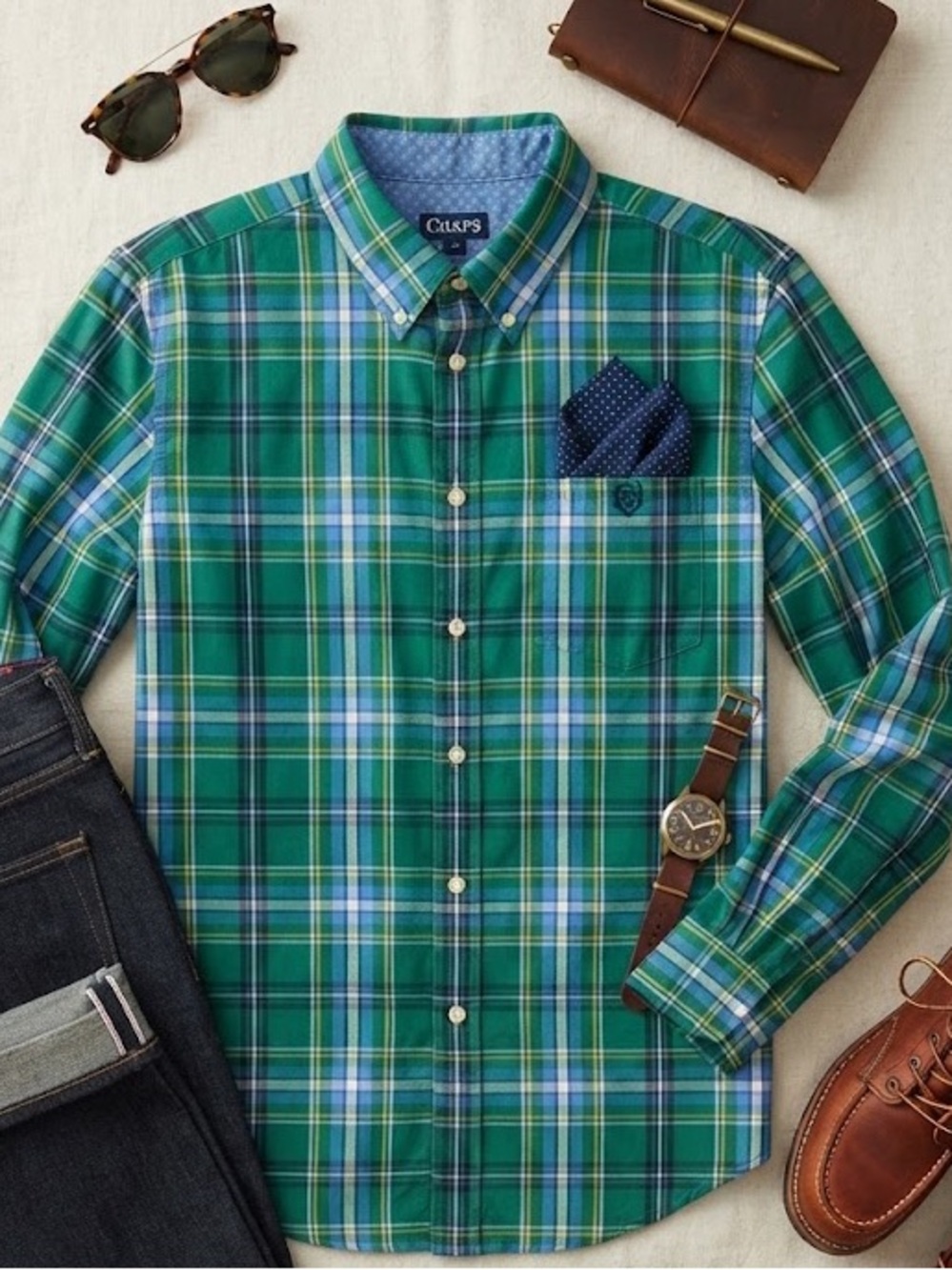 Chaps Green and Blue Plaid Casual Button Down Shirt